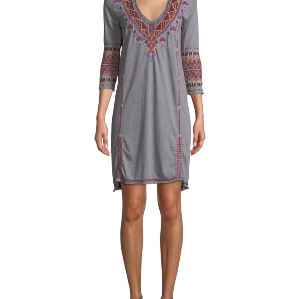 Johnny Was Marjan 3/4-Sleeve Embroidered Tunic Dress